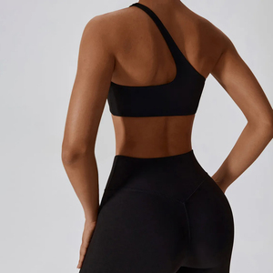 Women Yoga Set One Shoulder <b>Crop</b> <b>Top</b> High Waist Leggings Solid Black 2 Piece Activewear Full Length Four-Way Stretch - Product Image 3