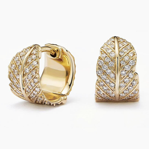 Feather Shape Diamond <b>Huggie</b> Earrings Yellow Gold Channel Setting Women Luxury Everyday Wear - Product Image 1