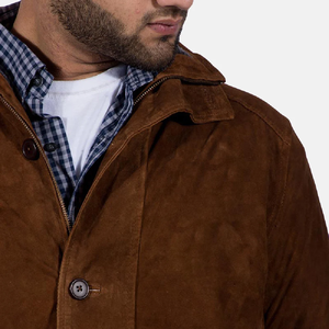 Brown <b>Suede</b> Safari <b>Jacket</b> <b>Men</b> Stand Collar Full Sleeve Single Breasted Autumn Outerwear Regular Fit Polyester Lining - Product Image 5
