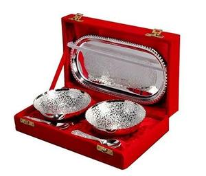 Ensemble de bols japonais de haute qualité, design élégant, bol de service en argent coulé, plateau et cuillère, plaqué argent avec boîte en velours - Product Image 6