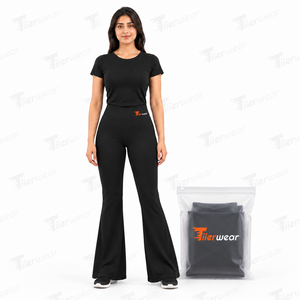 Pantalon évasé noir taille haute pour femme Tiierwear – Sportif, uni, longueur intégrale, taille élastique, décontracté - Product Image 2