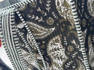 Quilted Cotton Boho Gingham Green Stripe Handprinted Reversible Large Tote Bag Eco-Friendly Sustainable Sturdy Grocery Fashion - Product Image 4