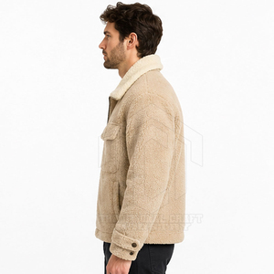 Custom <b>Mens</b> Beige Sherpa Trucker <b>Jacket</b> Turn-down Collar Double Chest Flap Pockets Full Zip Casual <b>Thick</b> Winter <b>Fleece</b> Outerwear - Product Image 2