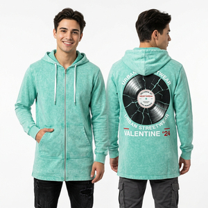 เสื้อฮู้ดดี้สีกรมท่าแบบฟอกกรด ลายกราฟิกหัวใจเผาไหม้แบบโซ่เชื่อมต่อ  แนวสตรีทแวร์สำหรับผู้ชาย ผ้าคอตตอนหนานุ่ม ทรงพอดีตัว - Product Image 4