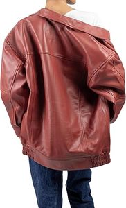 Veste de moto en cuir véritable rouge pour femme, manches longues, fermeture éclair, col rabattu, style automne - Product Image 3