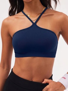 Women High Neckline Halter Workout <b>Bra</b> <b>Open</b> Back Spaghetti Strap Bralette Breathable Seamless Fabric Gym Exercise Top - Product Image 4