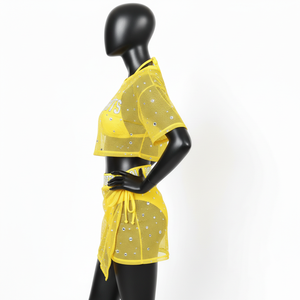 Ensemble de maillot de bain en polyester et élasthanne de haute qualité, jaune vif, tissu en maille douce, logo personnalisé en cristal, pour femme. - Product Image 4