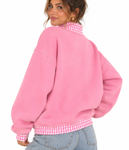 Sweat-shirt rose à col roulé pour femme 1908 avec appliqué à carreaux et motif lettres sur le devant, manches classiques, tenue décontractée d'automne - Product Image 6