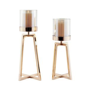 Ensemble de 2 bougeoirs modernes en or rose, supports géométriques en métal avec chambres à flamme en verre pour une décoration de table luxueuse - Product Image 3