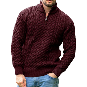 <b>Men's</b> Winter <b>Wool</b> Acrylic Patchwork <b>Cardigan</b> Mandarin Collar Zipper Closure Full Sleeve Thick Knit Jacket - Product Image 2