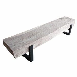 Banc industriel moderne en bois massif naturel à bords bruts, tabouret long en bloc de bois récupéré, pieds en métal noir robustes, pour jardin et terrasse - Product Image 2