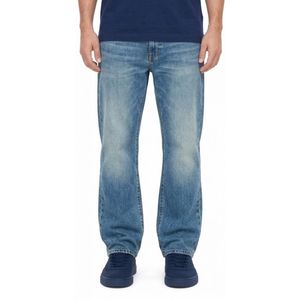 Jeans de mezclilla azul medio lavado con efecto lijado, de mezcla de algodón transpirable de alta resistencia, de tiro regular, estilo urbano relajado. - Product Image 2