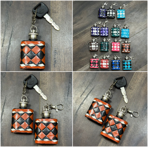 Compact Genuine Checker Leather Mini Hip Flask Keychain Pocket Bottle with Clip Travel Friendly Small Flask Gift for Unisex Use - Product Image 3