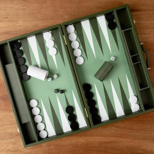 Backgammon <b>Set</b> Foldable Green Board with White and Black Checkers <b>Dice</b> and Cups for Playing Custom Size Unisex - Product Image 3
