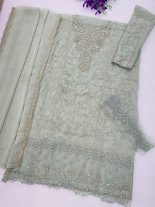 Traje Anarkali de algodón bordado en verde menta con dupatta, largo hasta el suelo, conjunto tradicional indio pakistaní para mujer - Product Image 2