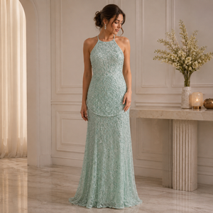 Women Mint Green Beaded Halter Neck Maxi Dress Sleeveless Embellished Evening Gown Elegant Wedding Party Prom Formal Occasion - Product Image 5