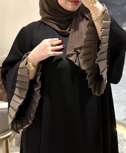 Elegant Black Abaya With Gray Ruffle Sleeves Modest <b>Long</b> Sleeve <b>Dress</b> <b>For</b> Women Daily Wear All Seasons Solid Color Loose Fit - Product Image 1