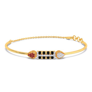 Dual Drop Accent Diamond <b>Bracelet</b> with Yellow Gold Slim Bangle, Black Bead Center and <b>Red</b> White Stone Details - Product Image 2