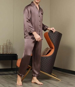 Ensemble pyjama en satin pour hommes, manches longues, couleur unie, deux pièces, vêtements de nuit lisses à boutons, vêtements d'automne - Product Image 3