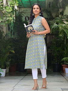 Kurti sans manches en coton à imprimé floral pour femme, col mandarin, décontracté, ethnique, pour l'été, séchage rapide - Product Image 5