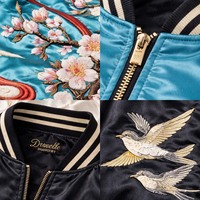 Blouson Bomber Sukajan Réversible Turquoise Hiver Premium en Gros avec Col Montant et Broderie Motif Fleur d'Andorner sur le Devant