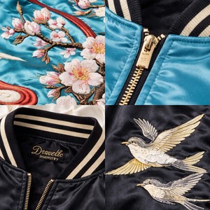 แจ็คเก็ตบอมเบอร์แบบกลับด้านได้ รุ่นพรีเมียม ขายส่ง สีเทอร์ควอยซ์ พร้อมลายปักดอกสวอลโลว์ สไตล์ฮาราจูกุ - Product Image 6
