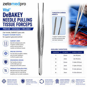 Pinzas de DeBAKEY para Extracción de Tejidos con Mango Plano, Mandíbulas de DeBAKEY con Inserciones de Carburo de Tungsteno, Ancho de Punta 1.5mm o 2mm, ZETOMEDPRO - Product Image 3