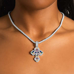 Luxury Multicolor Gemstone Cross Pendant | Iced Out White Gold Religious Cross <b>Charm</b> | Hip Hop Pendant for Men & Women - Product Image 3