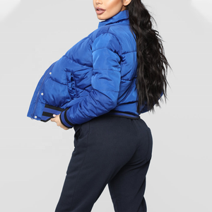 Custom Made Crop Solid Color Contrast Trim Women's Blue <b>Quilted</b> Bomber Jacket Full Zip Stand Collar Winter <b>Thick</b> Puffer Coat - Product Image 2