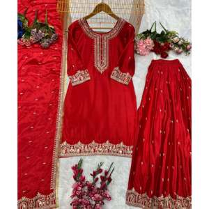 Costume de fête traditionnel chinois de créateur avec un beau pantalon et un dupatta - Product Image 5