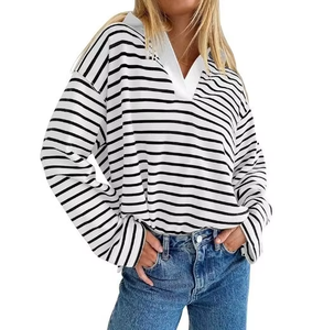 Sweat-shirt à manches longues rayé col en V respirant et écologique pour femme, avec appliqué tissé, style polo de rugby, coupe ample, haut tendance - Product Image 3