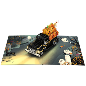 Carte pop-up 3D d'Halloween en gros, motif citrouille, camion, fantômes, dessin animé, forme rectangulaire, décoration de vœux origami faite à la main sur mesure - Product Image 4