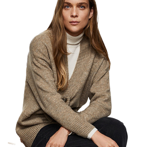 High Quality <b>Beige</b> Women Oversized <b>Cardigan</b> Soft Knit Wool Blend Ribbed Hem Drop Shoulder Button Front Logo High Street Style - Product Image 4