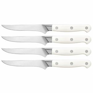 Juego de 4 cuchillos para carne blancos con hojas afiladas plateadas y mangos con triple remache para cortar filetes asados y para la mesa. - Product Image 1