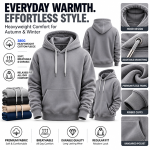 Sudadera con Capucha para Hombre, Color Sólido, 100% Algodón, Felpa Transpirable, 380g, Manga Larga, Bolsillo Canguro, Corte Regular, Deportiva, Invierno - Product Image 1