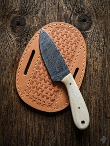 Couteau de chasse en acier Damas de qualité industrielle personnalisé avec lame à pointe clip et manche en ivoire dans un étui en cuir Garantie de 3 ans - Product Image 3