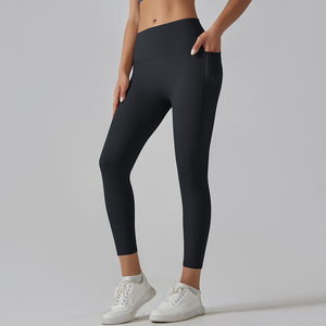 High Quality Women's Nylon High Waist <b>Leggings</b> Soft Breathable Workout Sports Pants <b>Pockets</b> Custom Logo Solid Yoga Pants - Product Image 2