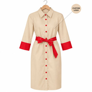 Cosh International Sorority Sisterhood Beige Shirt <b>Dress</b> With Red Contrast Cuffs And Belt Three Quarter Sleeve Midi Length - Product Image 1