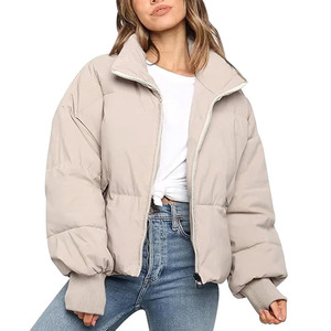 <b>Women's</b> <b>Beige</b> Quilted Puffer <b>Jacket</b> Full Sleeve Stand Collar Zipper Closure Solid Color Winter Thick Short Coat - Product Image 1