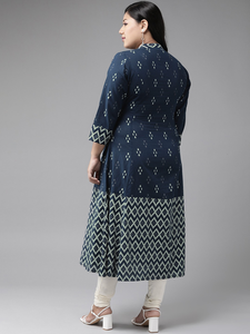 Kurta Azul de Algodón Ikat, Corte en A, Talla Grande para Mujer, Cuello Mandarín, Mangas Tres Cuartos, Atuendo Elegante para Uso Diario - Product Image 3