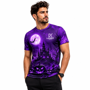 T-shirt personnalisé pour homme Halloween, motif citrouille Jack O'Lantern violette et château hanté, imprimé 3D, manches courtes, streetwear décontracté - Product Image 1