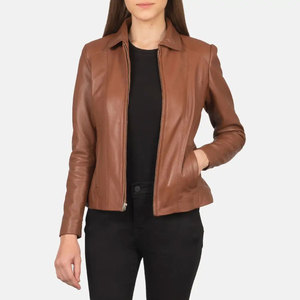 Veste de moto en cuir véritable marron pour femme, manches longues, fermeture éclair, col rabattu, couleur unie, style automne - Product Image 1