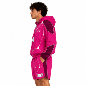 Conjunto Deportivo Moderno Personalizado con Chaqueta Cortavientos Rosa con Capucha y Pantalones Cortos para Correr, con Ribete Reflectante y Transpirable, de Nailon - Product Image 3