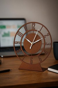 Horloge de table vintage en métal marron avec aiguilles argentées, design à chiffres romains, horloge de bureau décorative sur pied - Product Image 3