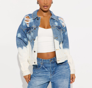 Chaqueta vaquera desgastada para mujer con agujeros rotos y diseño de bloques de color con efecto goteo, corte regular, abrigo casual de primavera - Product Image 1