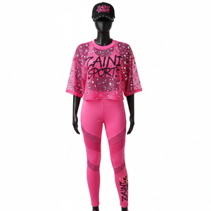 Conjunto de Camiseta y Leggings Premium para Mujer, Malla Transpirable de Poliéster y Spandex, 120 GSM, Panel Superior y Leggings con Logotipo Personalizado - Product Image 1