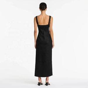 Satin Silk Women Clothing Wholesale Square Collar Elegant Straight Maxi Dress Strap Sexy High Split Sleeveless Party Solid - Product Image 3