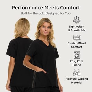 Blouse médicale noire à col en V et manches courtes pour femme, avec poches sur le devant, uniforme d'hôpital, tunique médicale en coton et polyester pour infirmière - Product Image 2