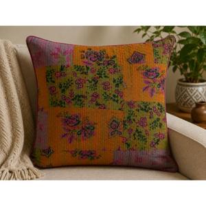 Handmade Cotton Cushion Cover Indian Kantha Floral Print Pillowcase Boho Sofa <b>Decor</b> <b>Pillow</b> Decorative - Product Image 1