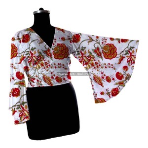 Robe portefeuille 100% vintage faite main pour femme, style bohème hippie ethnique, hauts portefeuille à nouer, haut décontracté à imprimé floral fait main au bloc - Product Image 2